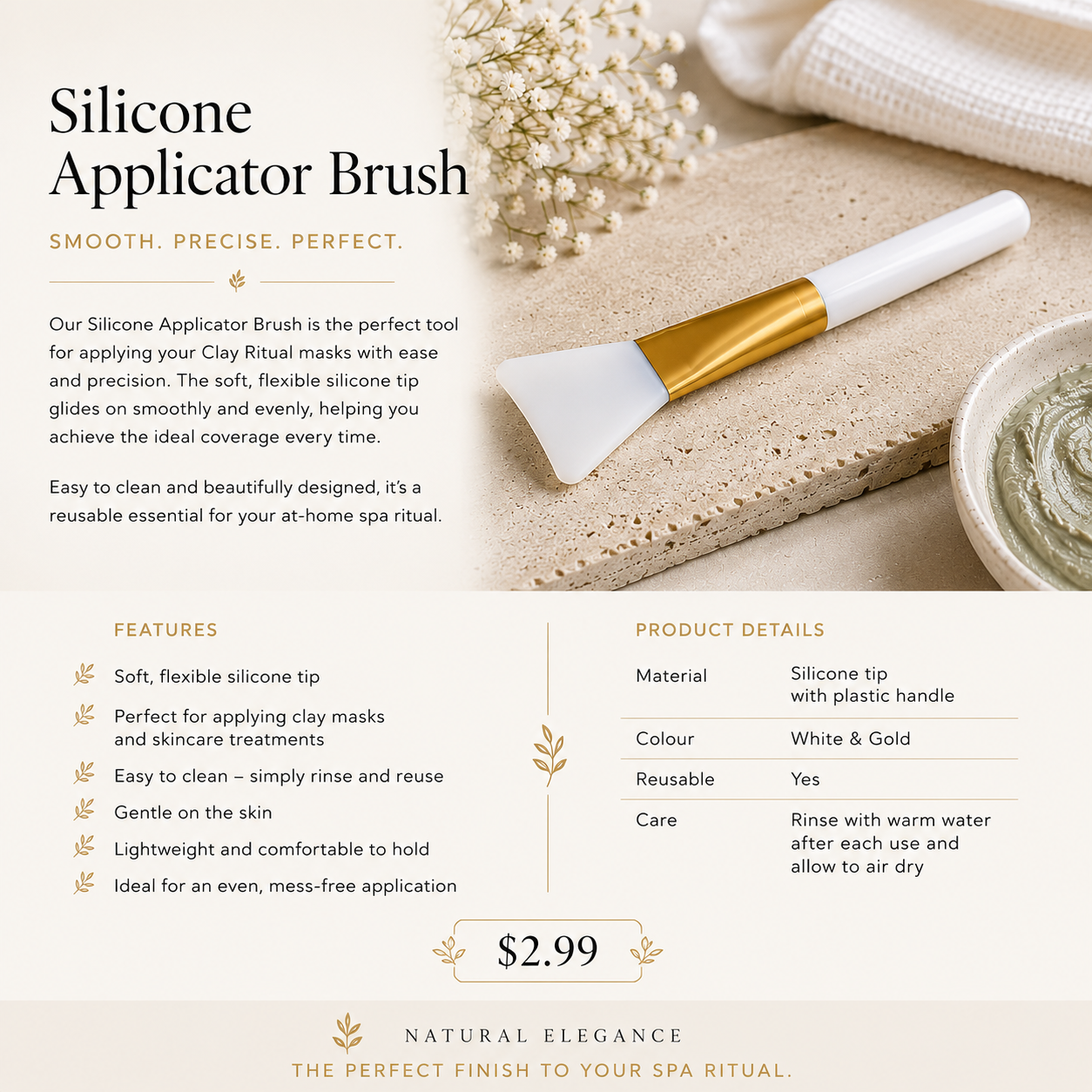 Silicone Applicator Brush product card showing features, product details and $2.99 price — Natural Elegance