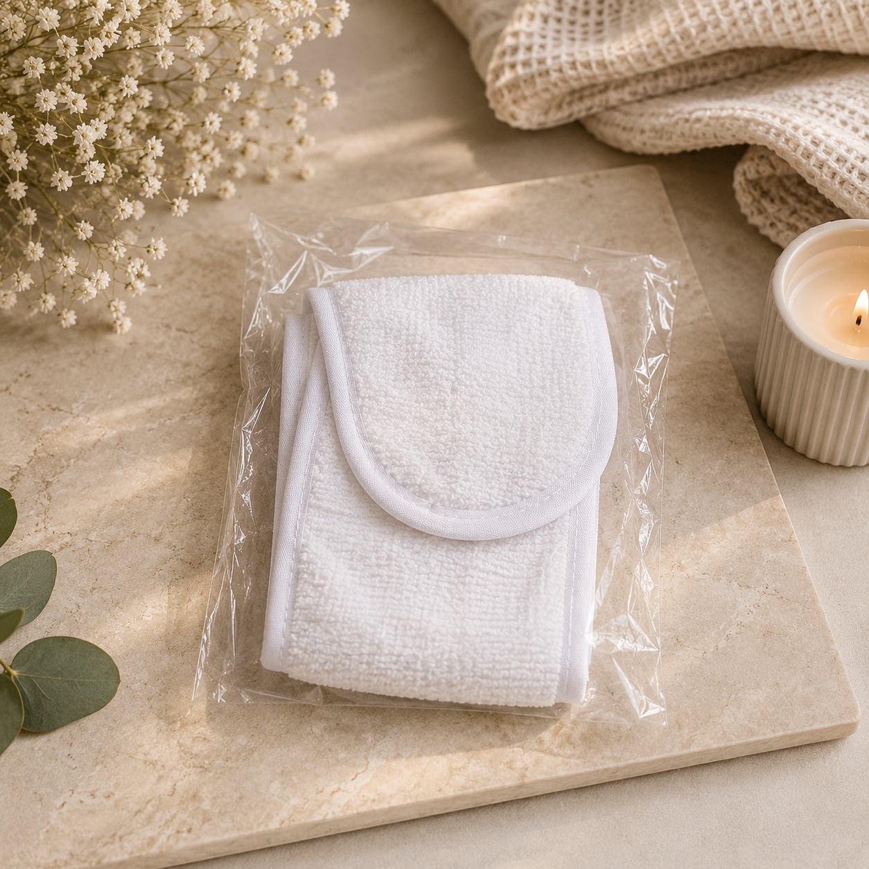 White cotton spa headband in clear packaging, styled on a marble tray with eucalyptus, baby's breath and a lit candle