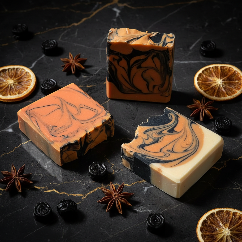Tiger Tail Artisan Soap Bars on dark marble with orange slices and star anise