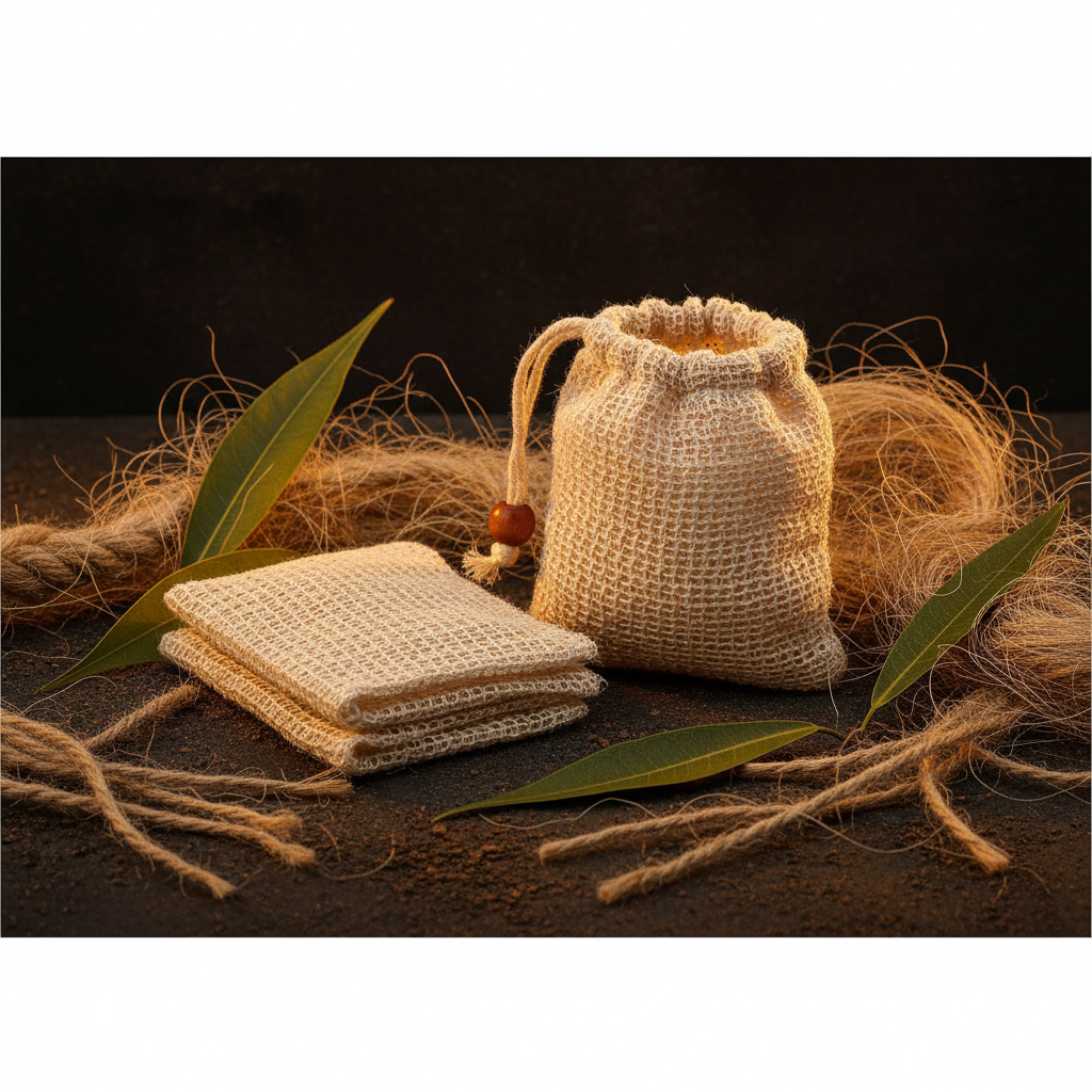 Natural sisal soap bag with raw sisal rope fibres and sisal plant leaves on earthy dark surface
