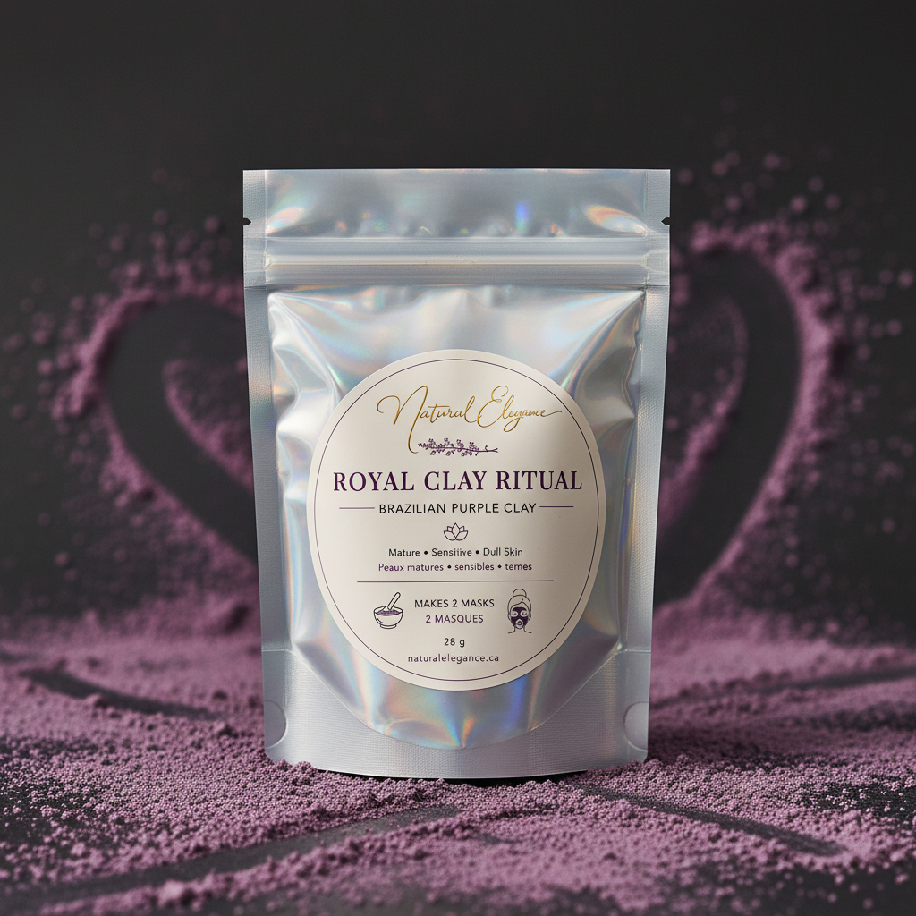 Royal Clay Ritual – Brazilian Purple Clay in a silver holographic pouch with Natural Elegance label, 28g, makes 2 masks