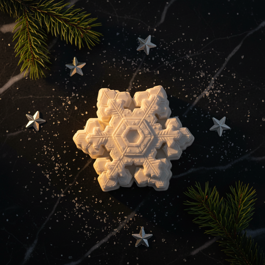 Single white snowflake artisan soap bar on dark marble with snow dusting and pine sprigs