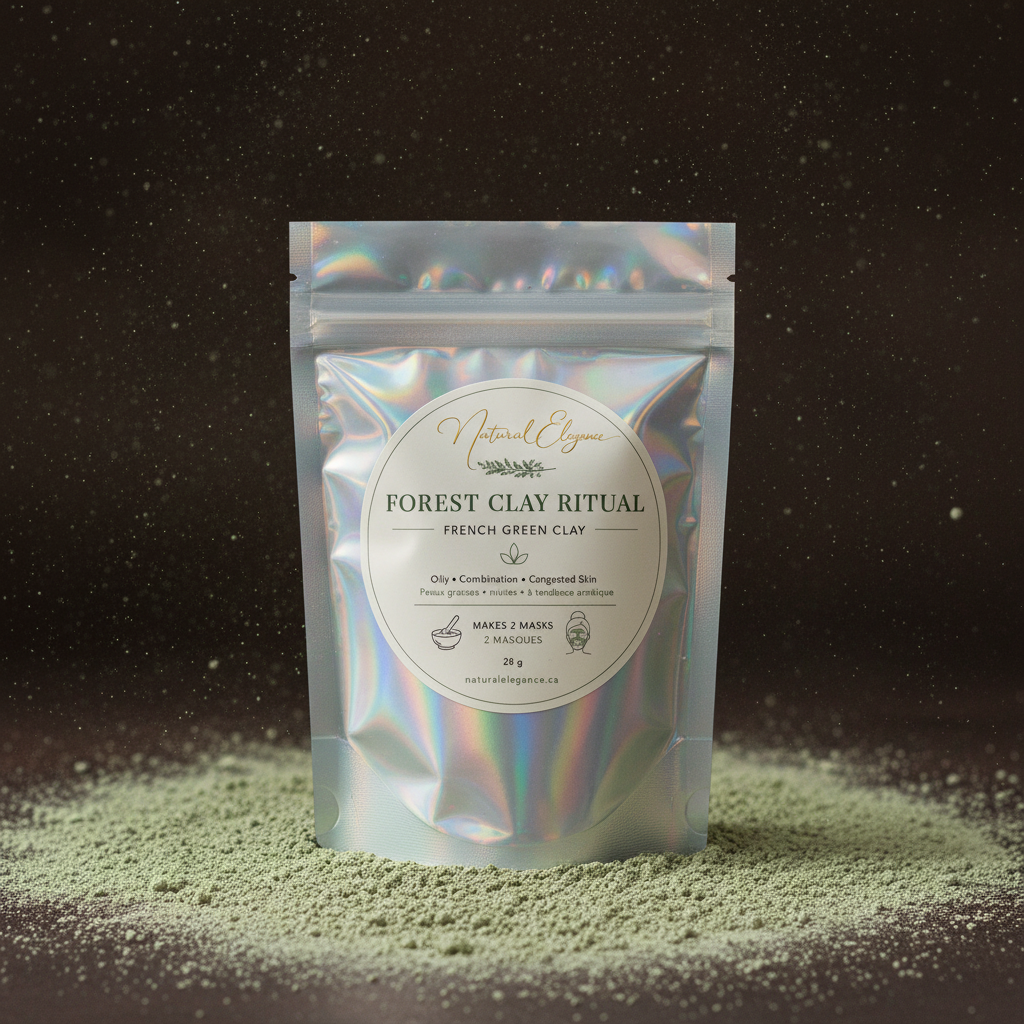 Forest Clay Ritual – French Green Clay in a silver holographic pouch with Natural Elegance label, 28g, makes 2 masks