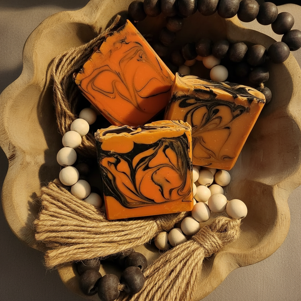 Tiger Tail Artisan Soap Bars styled in rustic wooden bowl