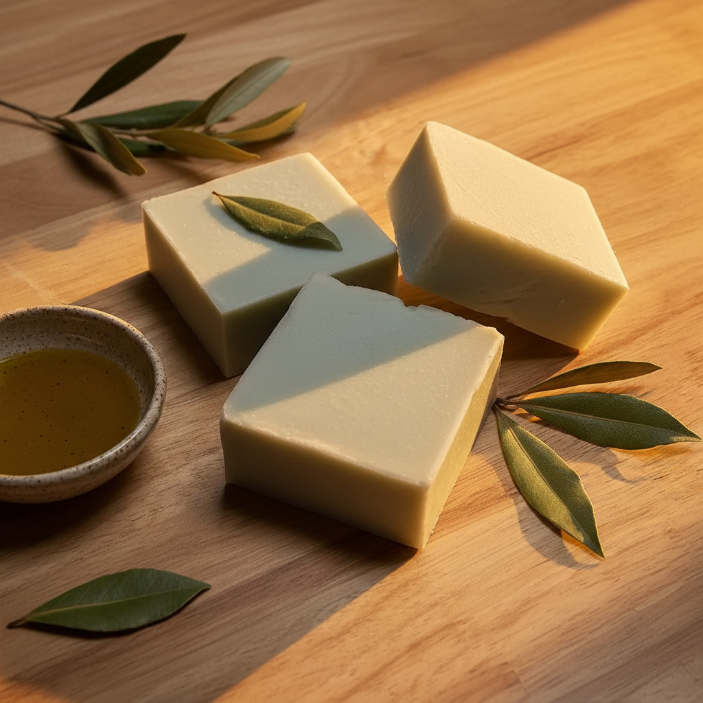 Three Laurel and Olive artisan soap bars on warm wood surface with olive oil and dried laurel leaves