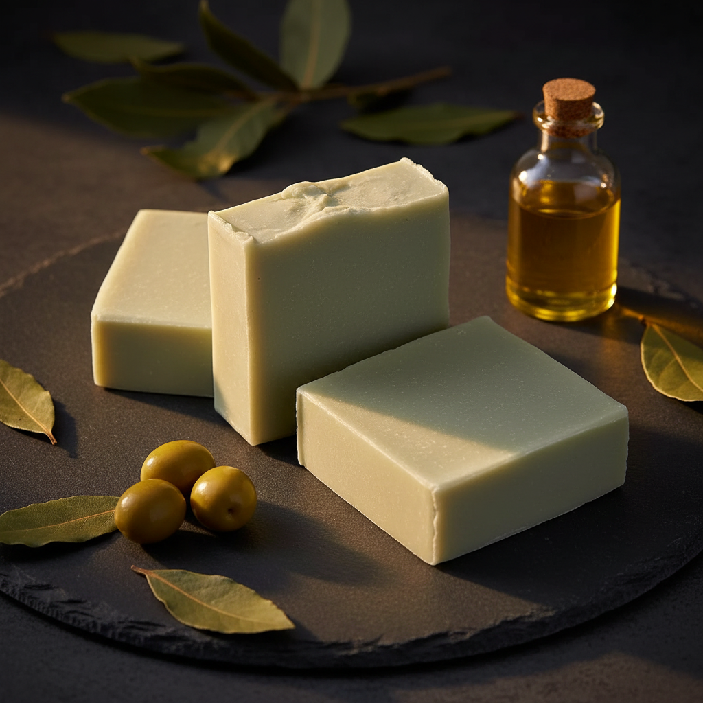 Three Laurel and Olive artisan soap bars on dark moody slate surface with olives and laurel leaves