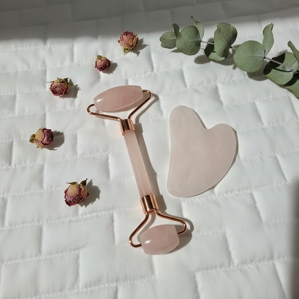 Rose quartz face roller and gua sha set on white linen with dried rose buds and eucalyptus
