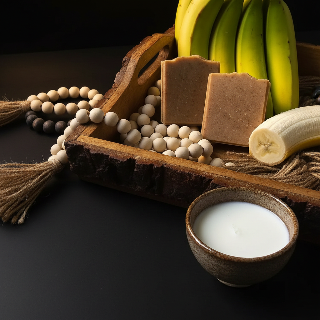 Banana Artisan Soap Bar on black and gold surface with banana and coconut milk