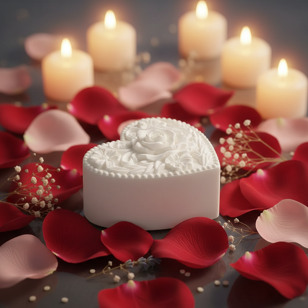 From The Heart white heart artisan soap with rose floral design on bed of red and blush rose petals with warm candlelight glow