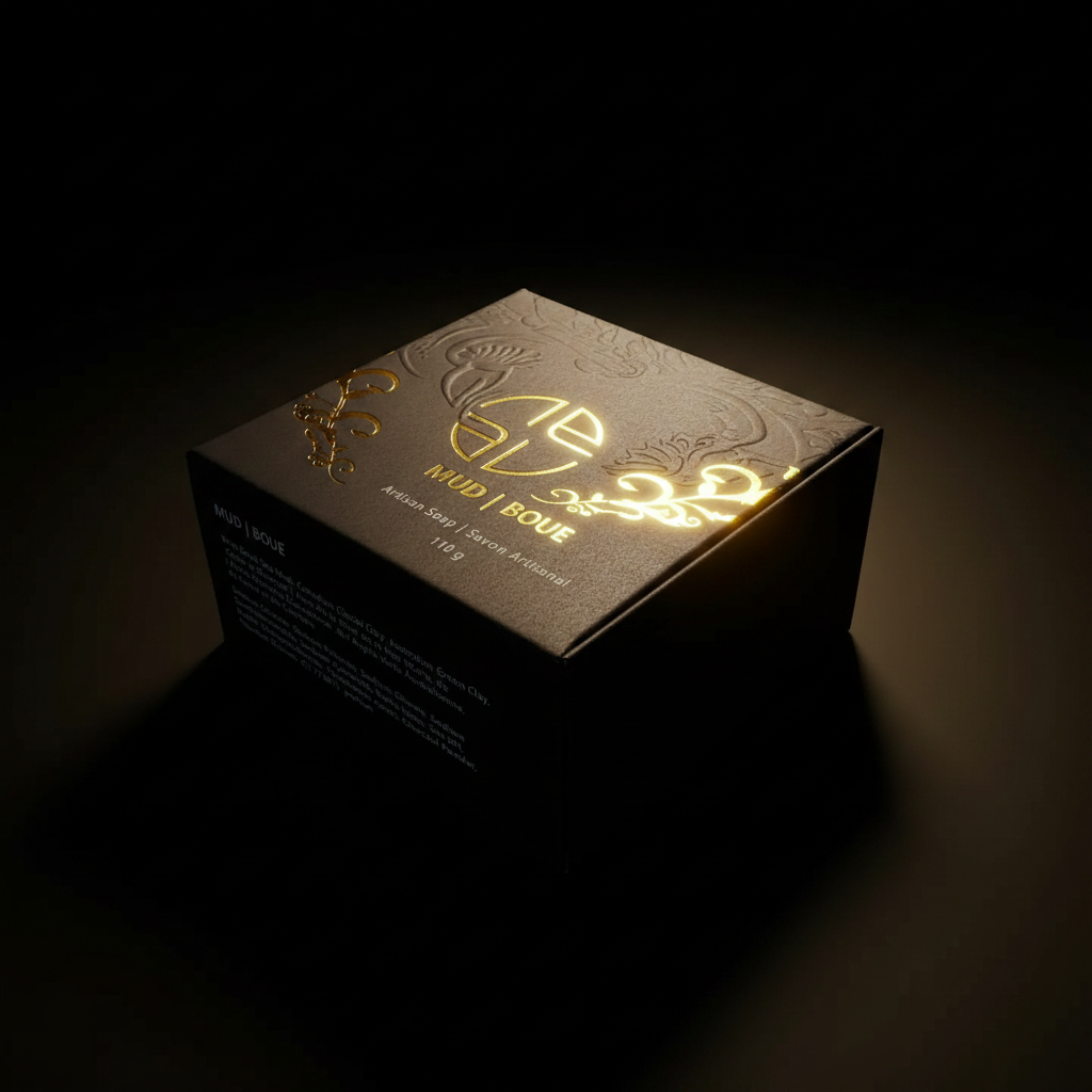 Mud Artisan Soap Bar premium black and gold branded box on black background