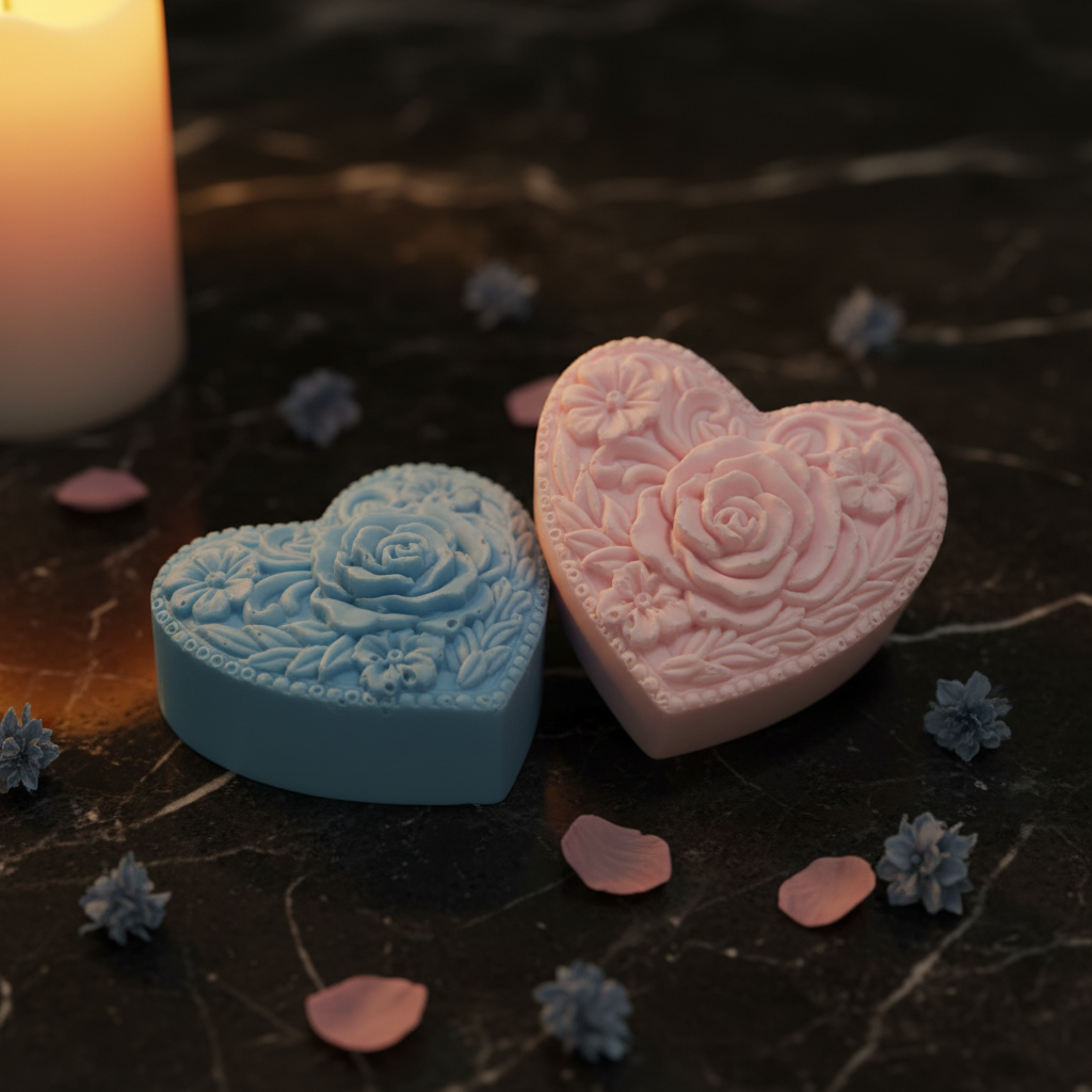 Blue and pink heart-shaped artisan soap bars with raised rose design on dark marble with flower petals