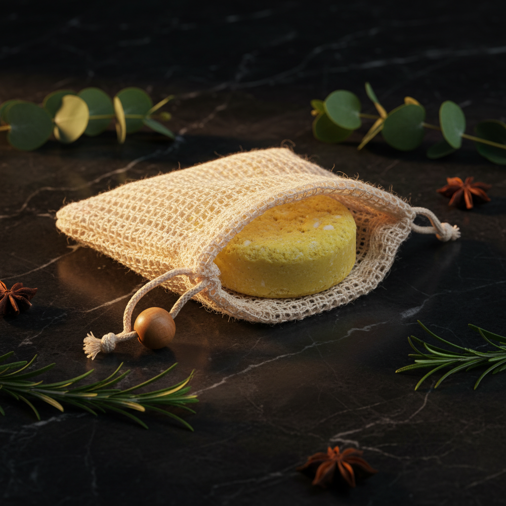 Natural sisal soap bag with Banana Bliss solid shampoo bar tucked inside on dark surface with botanicals