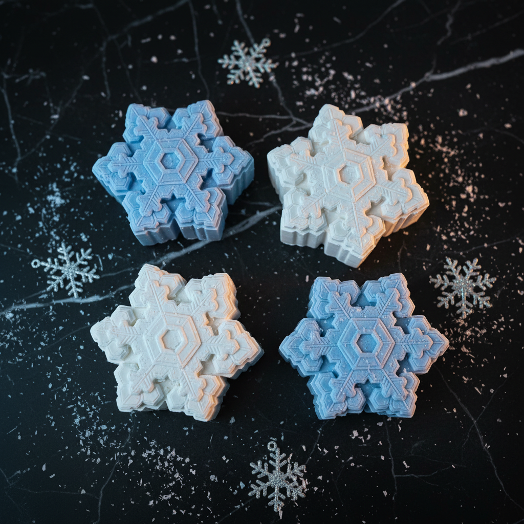 White and blue snowflake artisan soap bars on dark marble with icy blue lighting and silver snowflake ornaments