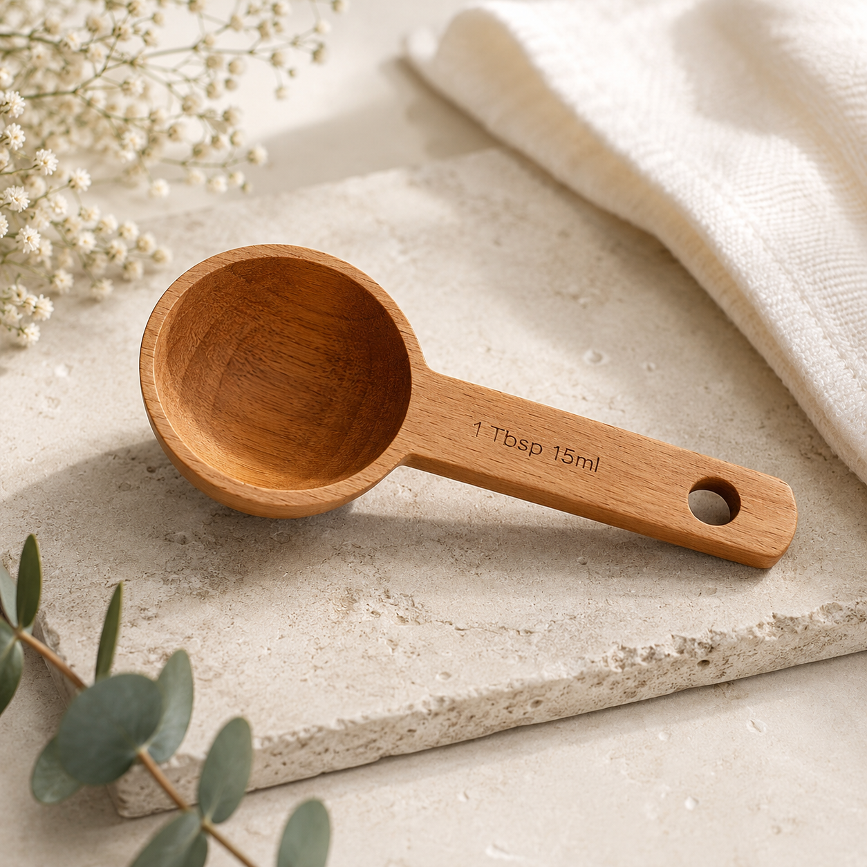 Natural wooden measuring spoon engraved with 1 Tbsp 15ml, styled on a marble tray with eucalyptus and white flowers