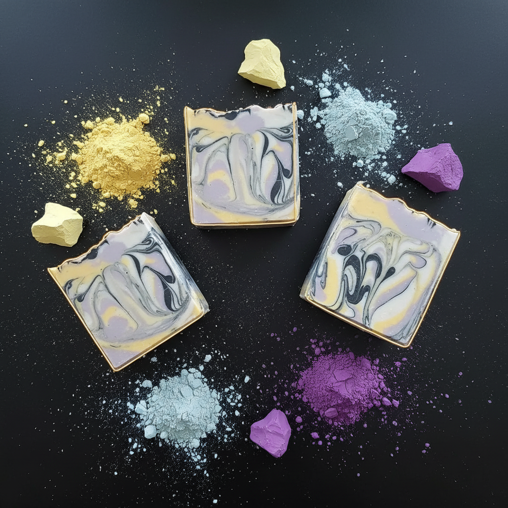 Clay Artisan Facial Bar with yellow, blue and purple clay powders on black and gold background