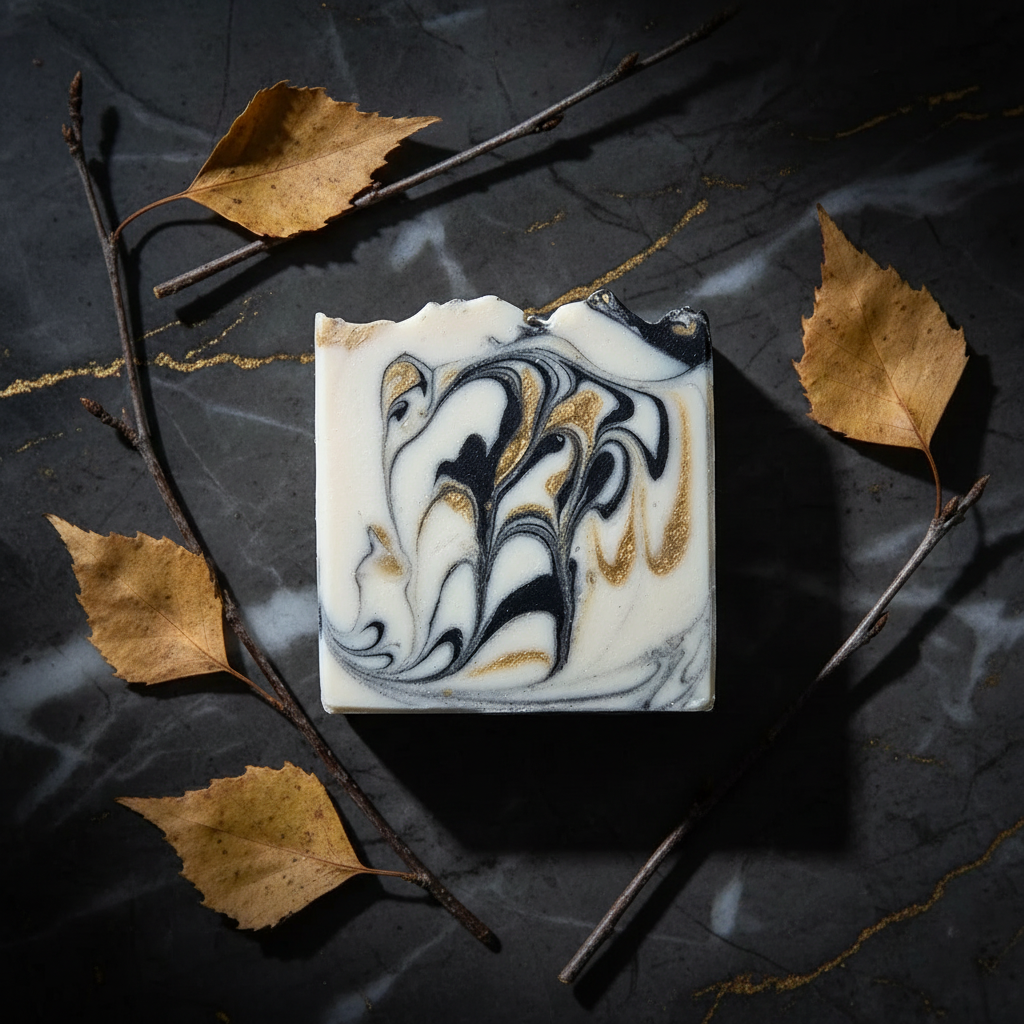 Birch Artisan Soap Bar close-up swirl detail on dark marble with birch leaves