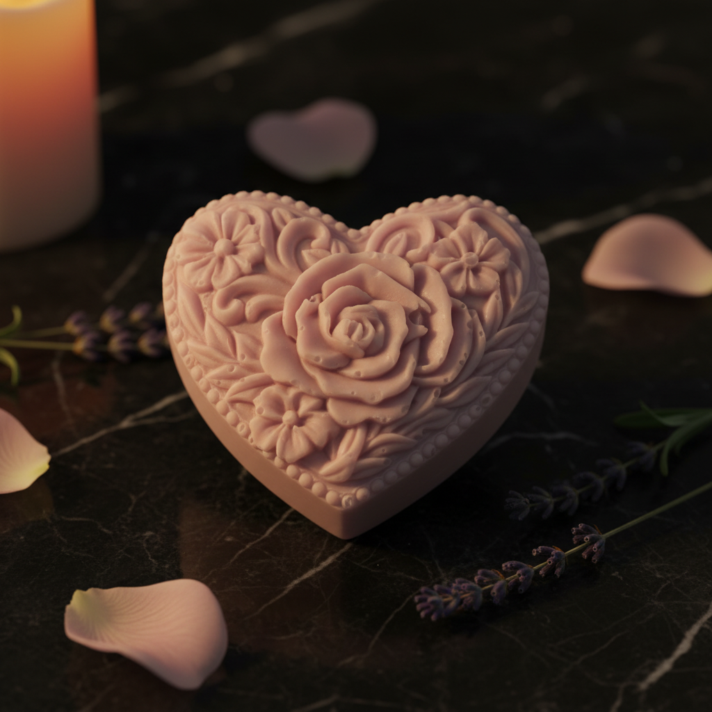 Lavender heart-shaped artisan soap bar with raised rose design on dark marble with lavender sprigs and rose petals