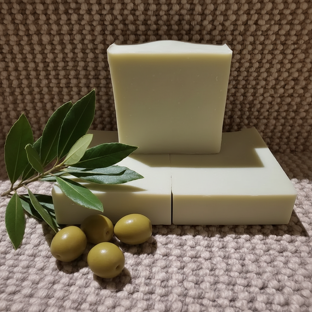 Three Laurel and Olive artisan soap bars stacked on natural linen with laurel sprigs and olives