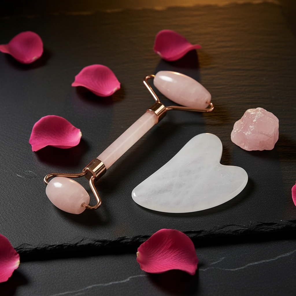 Rose quartz face roller and gua sha set with rose gold hardware on dark marble surface with pink rose petals