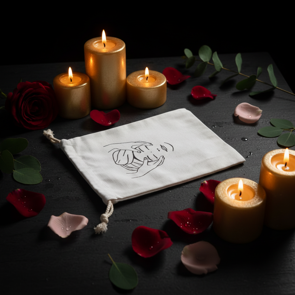 Clay Ritual Spa Kit – natural white cotton drawstring storage bag with spa face illustration – Natural Elegance Canada