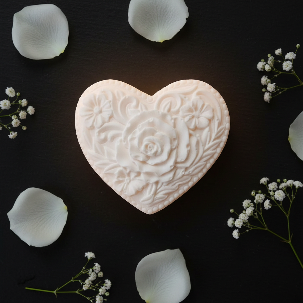 From The Heart white heart artisan soap with rose floral design overhead on black surface with white rose petals
