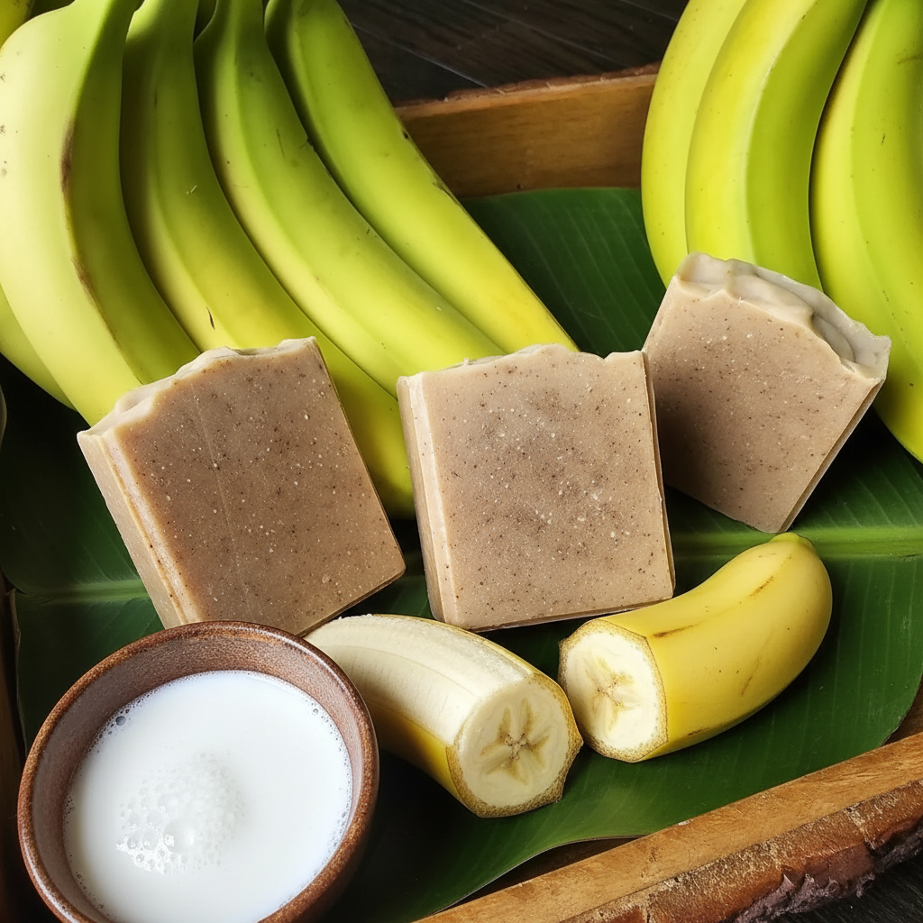 Banana Artisan Soap Bar in wooden tray with fresh bananas, halved banana and coconut milk