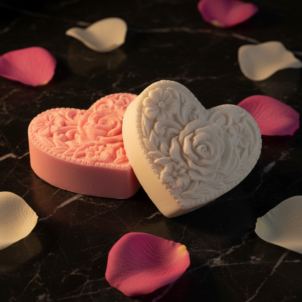 Pink and white heart-shaped artisan soap bars with raised rose design on dark marble with rose petals