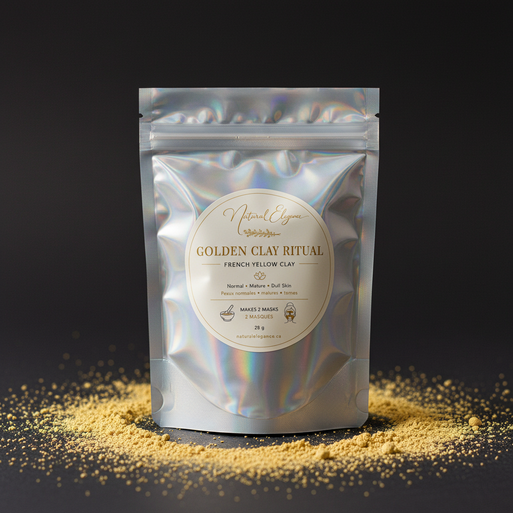 Golden Clay Ritual – French Yellow Clay in a silver holographic pouch with Natural Elegance label, 28g, makes 2 masks