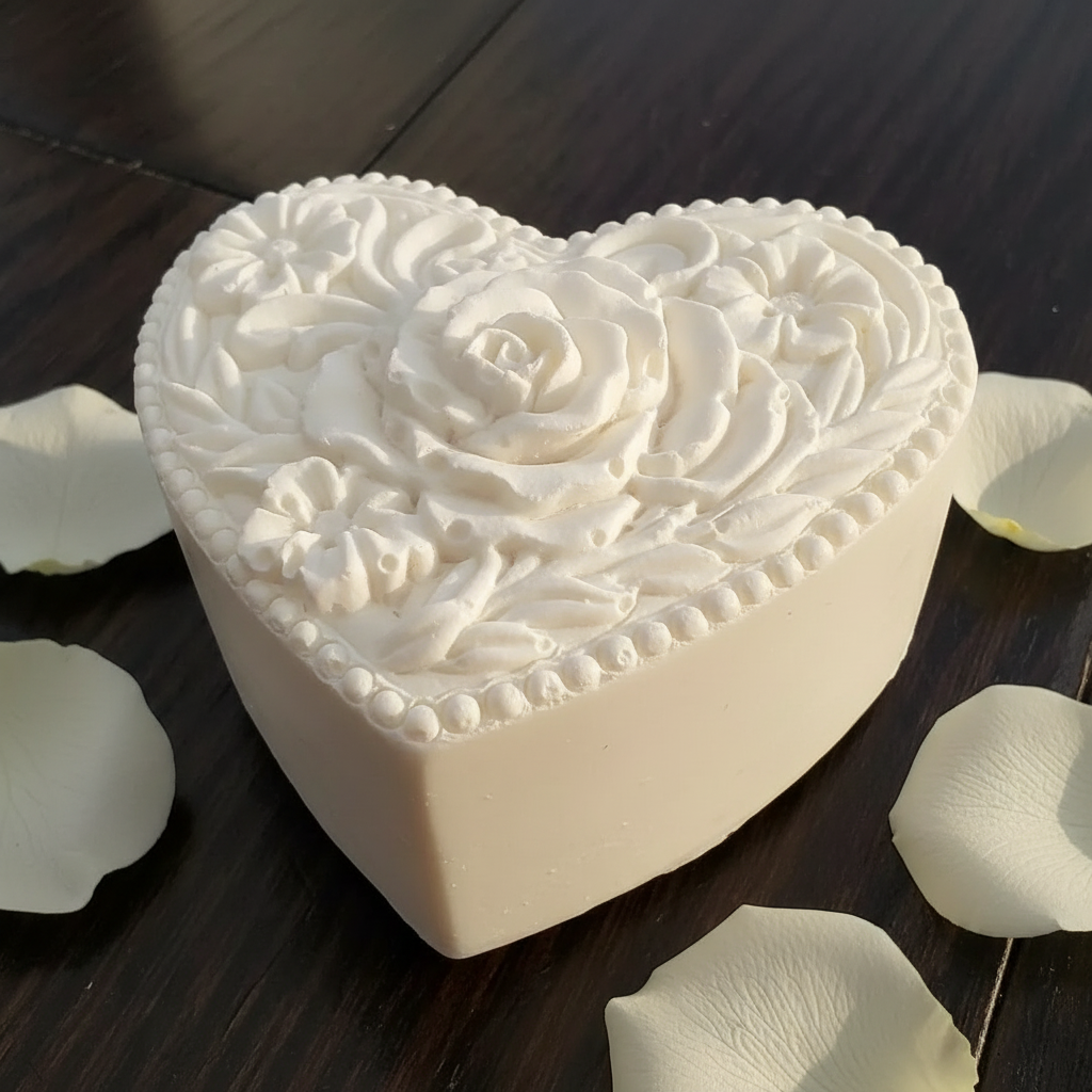 From The Heart white heart artisan soap with rose floral design on dark wood surface with rose petals