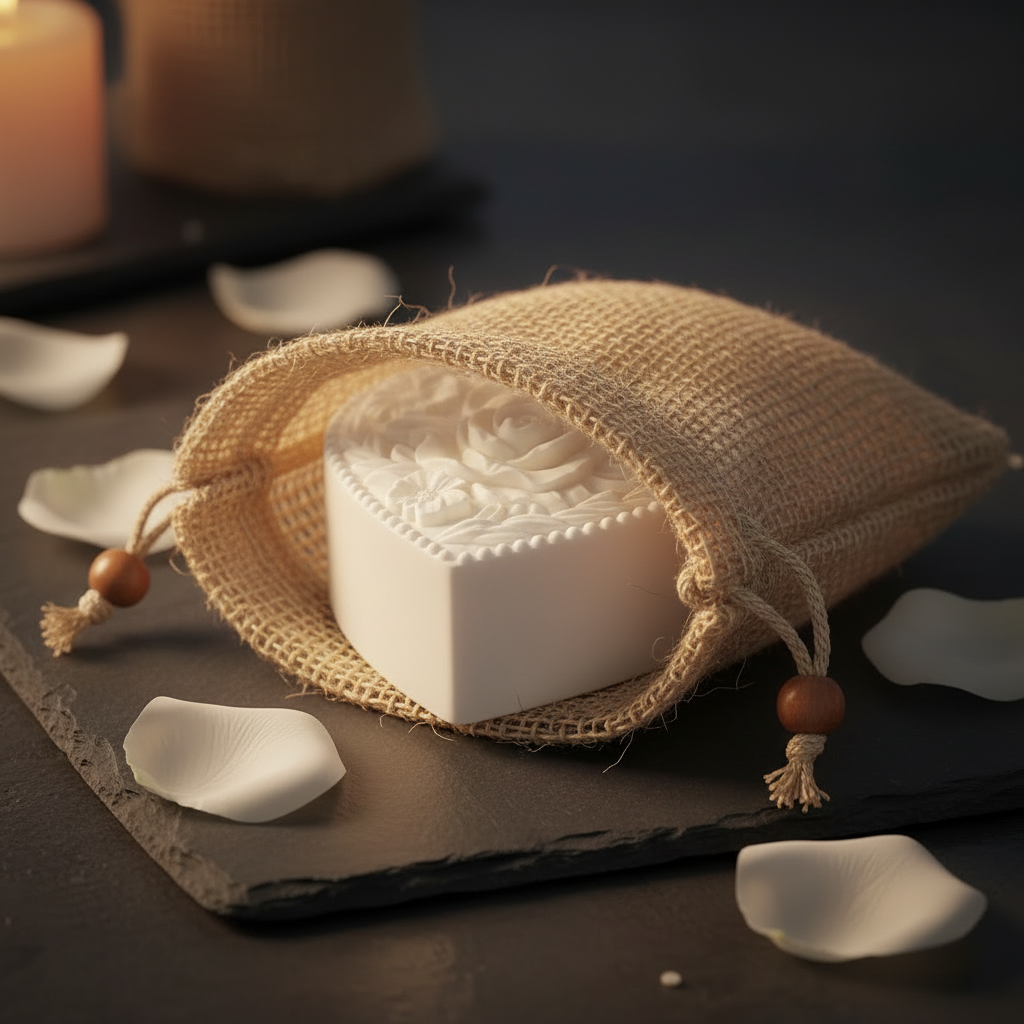 Natural sisal soap bag with From The Heart heart artisan soap tucked inside on dark moody surface with rose petals