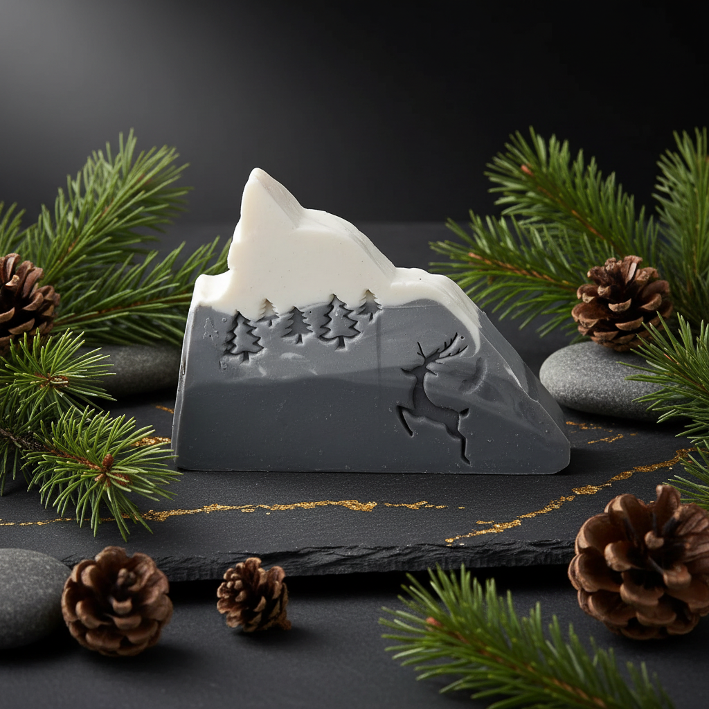 Alpine Artisan Soap Bar styled on dark slate with pine branches and river stones