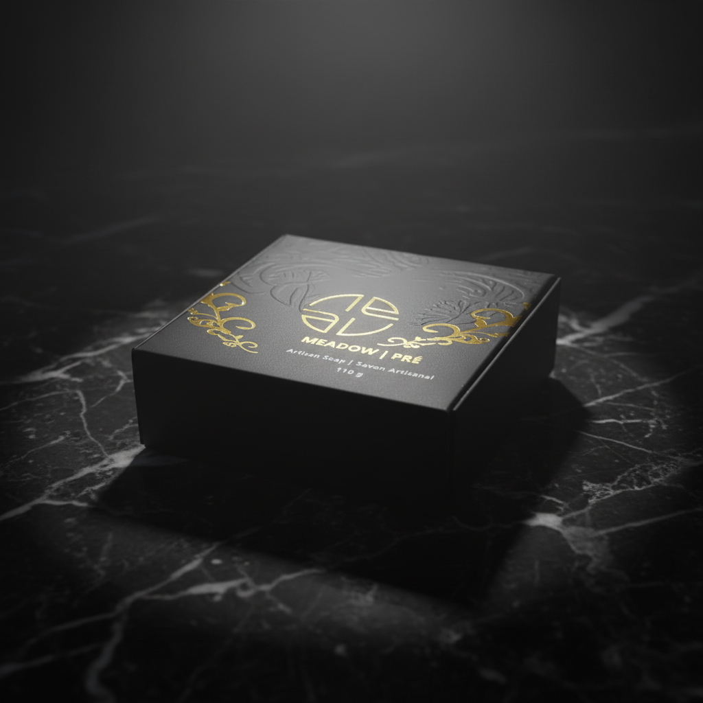 Meadow Artisan Soap Bar premium black and gold branded box on dark marble surface — Natural Elegance Canada