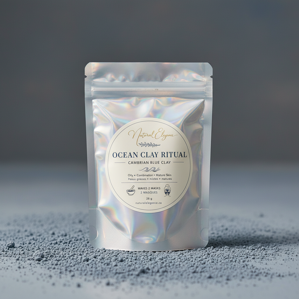 Ocean Clay Ritual – Cambrian Blue Clay in a silver holographic pouch with Natural Elegance label, 28g, makes 2 masks