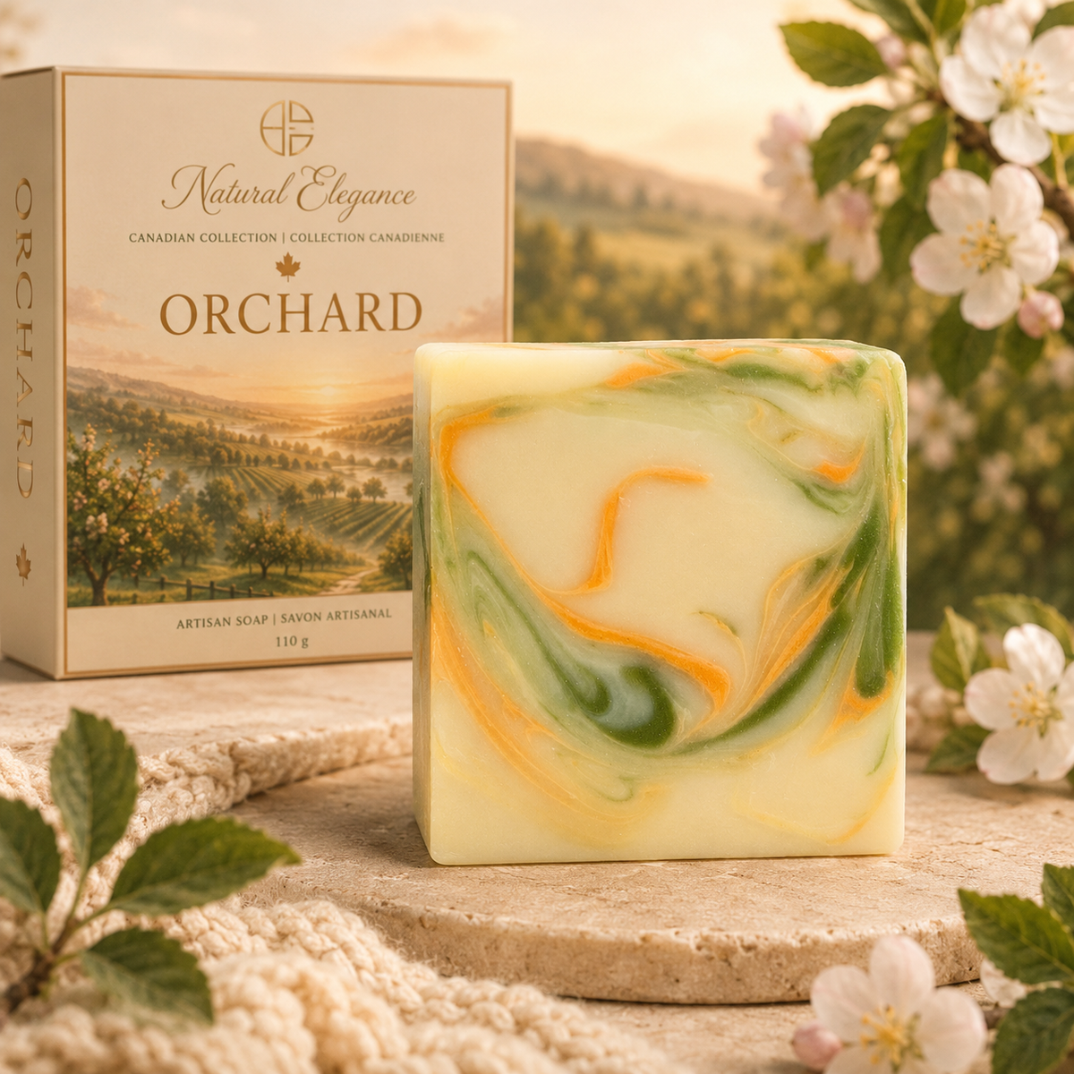 Orchard artisan soap bar with apricot and sage green swirls beside its Natural Elegance Canadian Collection gift box, styled with apple blossoms and a golden orchard backdrop