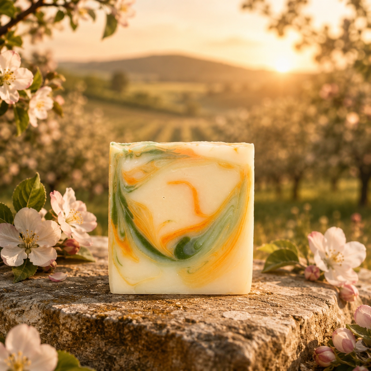 Orchard artisan soap bar with cream, apricot and sage green swirls, resting on a stone wall surrounded by apple blossoms with a golden orchard sunset in the background